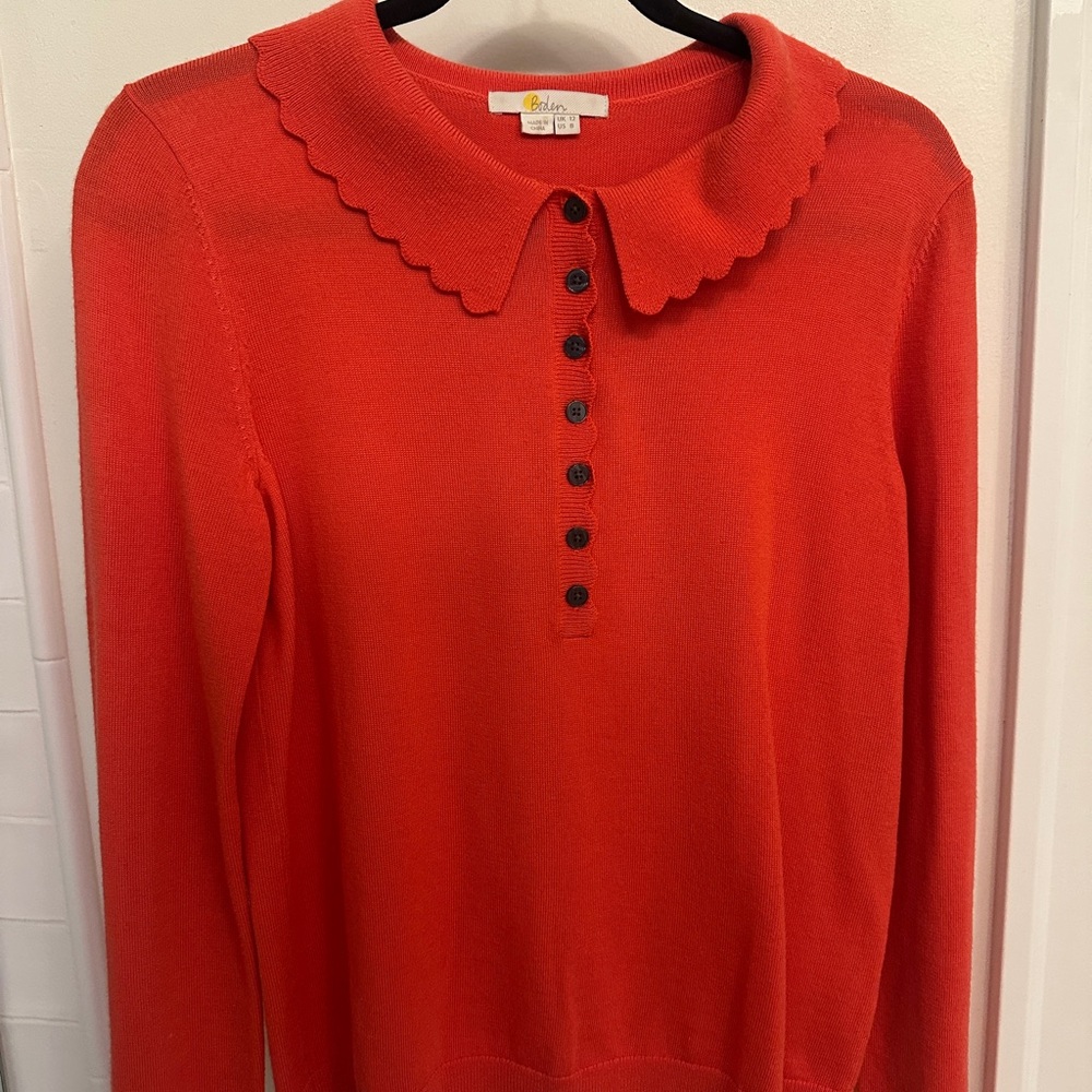 Boden Red Scalloped Collar Sweater